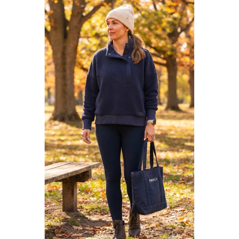 Freely Navy Blue Sherpa Fleece Snap Funnel Neck Pullover Sweatshirt Womens Large